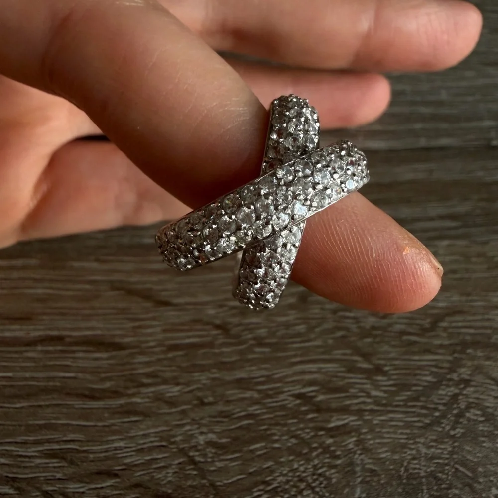 Crossover Pave Knot Double Ring Sterling Silver 925 8-8.5